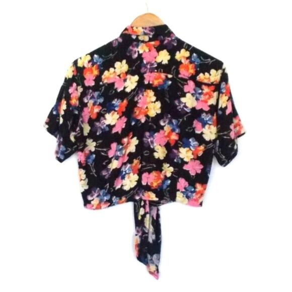 Vintage 7M Razzle Black Floral Cropped Tie Front Shirt 80's 90's Sz Small - Picture 2 of 7
